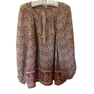 LUCKY BRAND Los Angeles Women’s Earthy Tan Boho Long Sleeve Flowy Blouse Shirt L